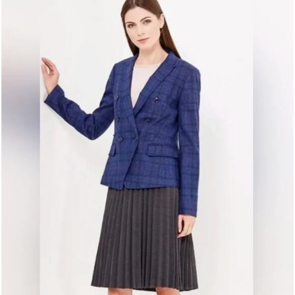 BANANA REPUBLIC Double Breasted Plaid Blazer Blue Indigo Wool Blend Sz 6 {3X15} - Picture 2 of 7